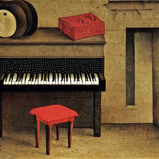 Prompt: old painting old piano, dot art, crosshatch, by pieter bruegel the elder