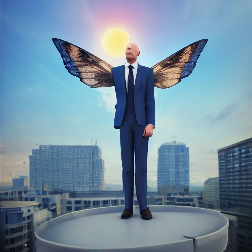 Prompt: bald man in a suit with blue butterfly wings standing on the roof of the building, sunrise, digital art, trending on artstation,