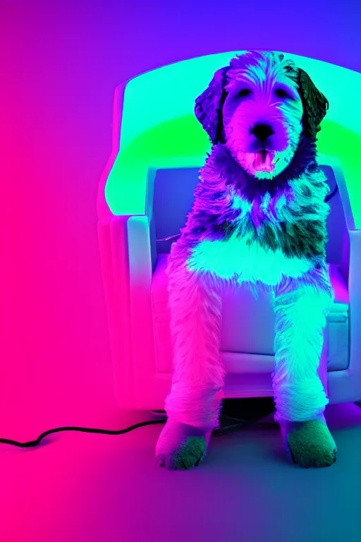 Image similar to a cute bernedoodle puppy sitting in a gaming chair + neon rgb light strips, large computer monitor, mountains in background!!!!!!!, vaporwave, dramatic, confident, rule of thirds, 4 k, award winning, octane render, volumetric lighting