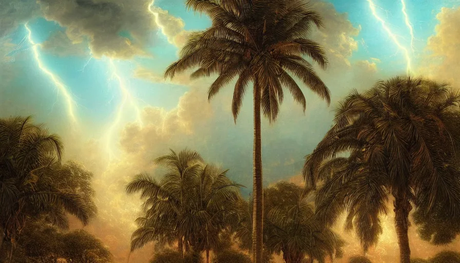 Image similar to a ultradetailed beautiful painting of the thunderstorm sky of the amazonas palace balustrade designed by gustave dore, derek zabrocki, greg rutkowski, belsinski, beach, trending on artstation, mediterranean, palm trees, sharp focus, colorful refracted sparkles and lines, soft light, 8 k 4 k