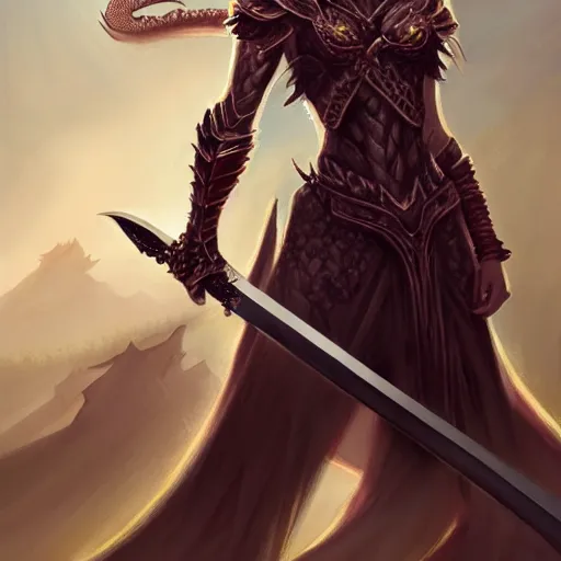 Image similar to a woman holding a sword with a dragon on it, concept art by Ami Thompson, contest winner, fantasy art, official art, concept art, high detail, experimental, high quality, 4k