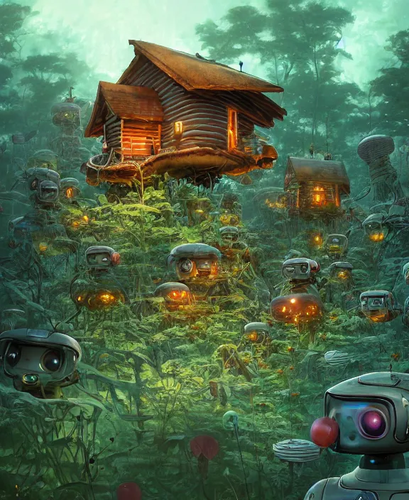 Prompt: a whimsical cabin made from robots, overgrown with huge exotic fungus, deep in the woods, by dan mumford, yusuke murata, makoto shinkai, ross tran, underwater, hellish, cinematic, unreal engine, cel shaded, featured on artstation, pixiv