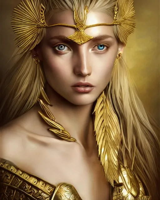 Image similar to front view of beautiful super model aphrodite greek goddess wearing a gold laurel wreath and triangle earrings, realism tattoo sketch, beautiful piercing eyes with sharp pupils, beautiful blonde hair, in the style of greg rutkowski, fantasy, amazing detail, epic, elegant, smooth, sharp focus