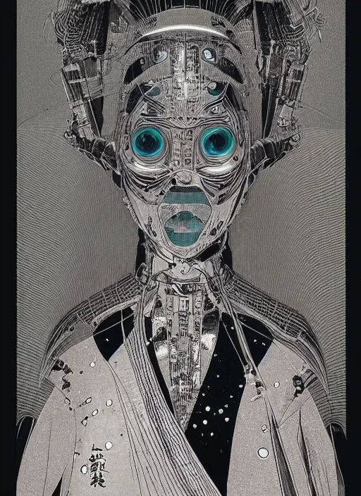 Prompt: 2 d illustration, grained risograph, vintage horror sci - fi portrait of a futuristic silver armored geisha district 9 cyborg, parallax, fractal, intricate, elegant, highly detailed, subsurface scattering, by jheronimus bosch and moebius louis jacques mande daguerre and szukalski