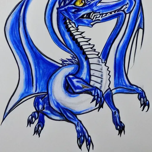 Prompt: wax crayon drawing of the blue - eyes white dragon from yu - gi - oh