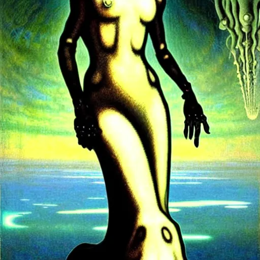 Image similar to realistic extremely detailed portrait painting of a ghost silhouette, futuristic sci-fi landscape on background by Jean Delville, Amano, Yves Tanguy, Alphonse Mucha, Ernst Haeckel, Edward Robert Hughes, Roger Dean, rich moody colours, blue eyes