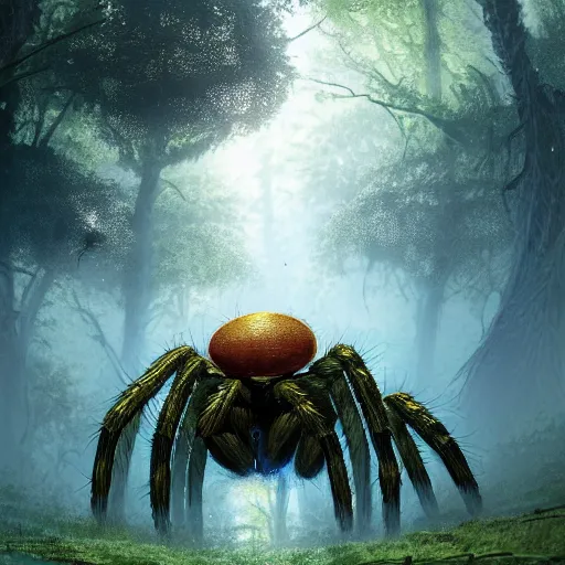 Image similar to an ugly giant spider, beautiful, realistic, atmosphere, vibe, forest, lot of trees, fern, flowers, concept art illustration, color page, tone mapping, akihiko yoshida, james jean, andrei riabovitchev, marc simonetti, digital illustration, greg rutowski, volumetric lighting, sunbeams, particles