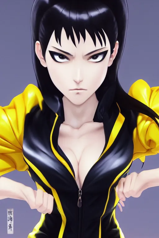 Prompt: black ponytail hair, pale woman in a black unzipped jacket and yellow bikini, yellow eyes, by artgerm, black backdrop, masterpiece, beautiful render, matte painting, realistic, fighting pose, dynamic angle, beautiful face, young half asian woman, by greg rutkowski makoto shinkai takashi takeuchi