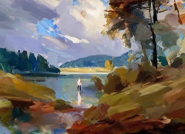 Image similar to palette knife, impasto oil painting of silent calm lake shore by hans hofmann, thick paint brush strokes, art by anders zorn, wonderful masterpiece by greg rutkowski, beautiful cinematic light, american romanticism by greg manchess, creation by tyler edlin