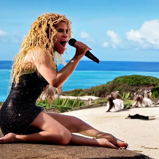 Image similar to Shakira singing for a crowd of monkeys on an island with the ocean in the background