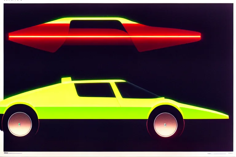 Image similar to designed by giorgetto giugiaro stylized poster of a single 1 9 7 9 vehicle concept, thick neon lights, ektachrome photograph, volumetric lighting, f 8 aperture, cinematic eastman 5 3 8 4 film