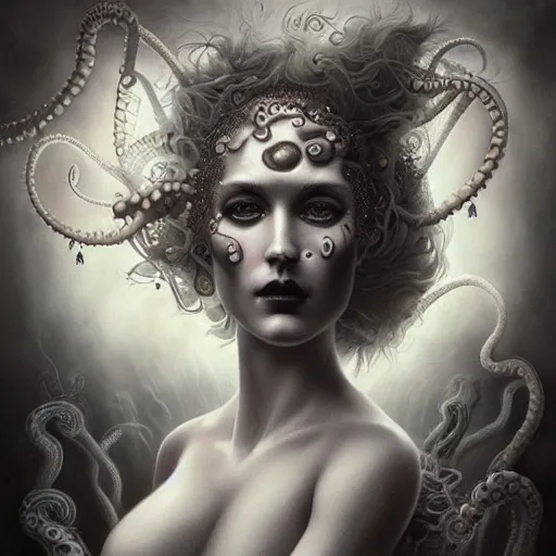 Prompt: By Tom Bagshaw, ultra realist soft painting of curiosities carnival by night, very beautiful full bodysuit massive tentacles bioluminescence, symmetry accurate features, very intricate details, ominous sky, black and white, volumetric light clouds