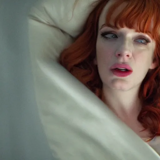 Image similar to amazing beautiful Christina Hendricks with mouth wide open in the living room, film still from the movie directed by Denis Villeneuve , wide lens