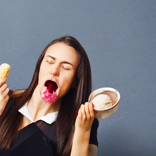 Prompt: Woman eating ice cream using a fork