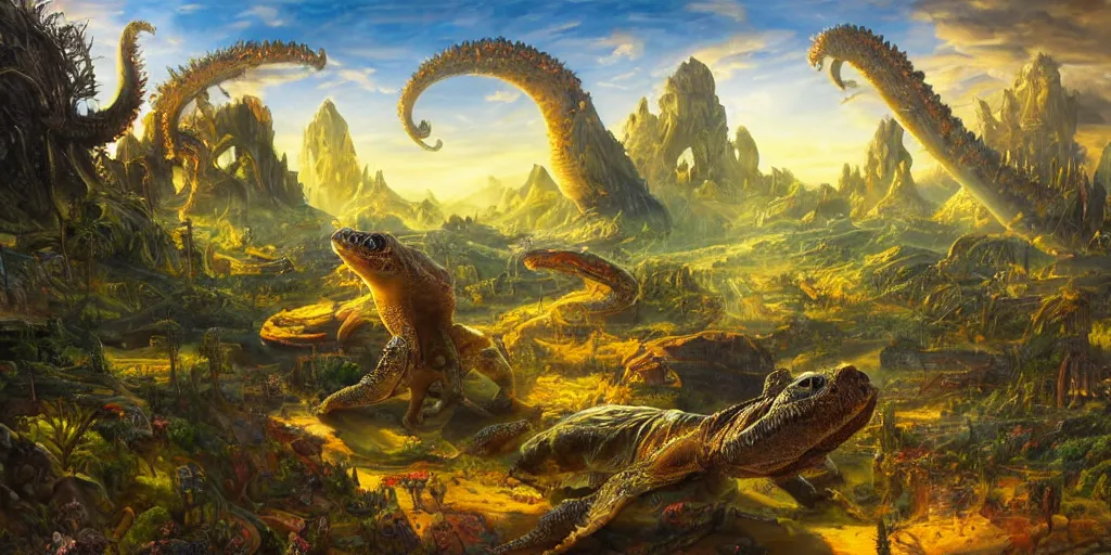 Image similar to fantasy oil painting, great leviathan, cybernetic turtle cephalopod terrapin reptilian pachyderm squid, bella hadid, hybrid, milla jovovich, anubis epic islamic city, natural light, lush plants flowers, spectacular mountains, bright clouds, luminous sky, outer worlds, golden hour, michael cheval, edward hopper, michael whelan, hd