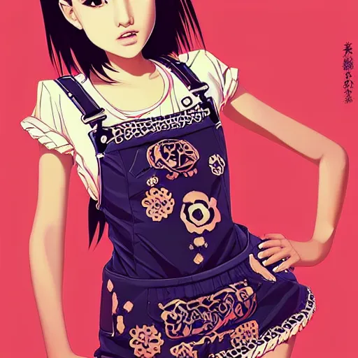 Image similar to a beautiful young japanese natalie portman alluring gravure model, wearing elaborate elegant designer overalls, elegant overalls with mesoamerican patterns, mesoamerican native street fashion, by akira toriyama and wlop and ilya kuvshinov and artgerm and, aesthetic, gorgeous, stunning, alluring, attractive, artstation, deviantart, pinterest, digital art