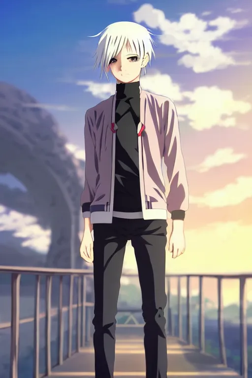 Image similar to anime art full body portrait character concept art, anime key visual of young male warror, platinum blonde straight bangs and large eyes, finely detailed perfect face delicate features directed gaze, standing on a bridge during sunset, trending on pixiv fanbox, studio ghibli, extremely high quality artwork