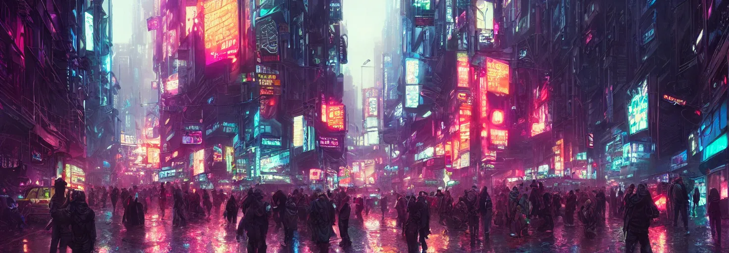 Prompt: overly crowded street of a cyberpunk city, rain, harsh neon lights, highly detailed, digital painting, trending on artstation, concept art, sharp focus, illustration, art by artgerm and greg rutkowski and magali villeneuve