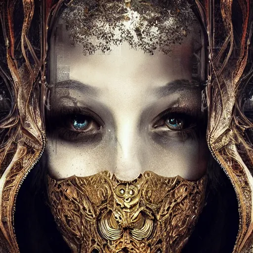 Image similar to Very very very very highly detailed epic photo of face with venetian mask, intricate, dystopian, sci-fi, extremely detailed, digital painting, artstation, concept art, smooth, sharp focus, illustration, intimidating lighting, incredible art by Brooke Shaden and Anton Pieck