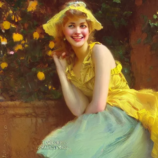 Image similar to a detailed portrait of a real cute girl on swing, wearing a yellow dress, smiling coy, painting by gaston bussiere, craig mullins, j. c. leyendecker, award winning hd photo