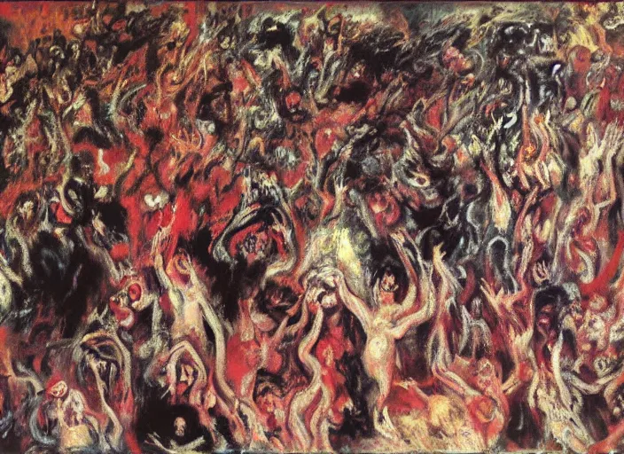 Image similar to mosh pit full of demons and beautiful women in hell ’ s nightclub, sfumato abstract oil on canvas, by rothko, by jackson pollock, by monet