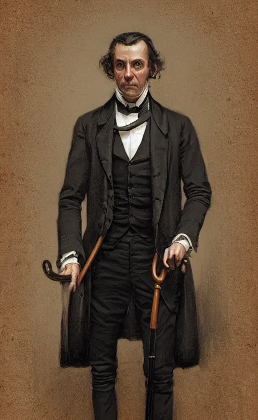 Image similar to portrait of a middle aged victorian gentleman, suit and waistcoat, holding a cane, male, detailed face, victorian, highly detailed, cinematic lighting, digital art painting by greg rutkowski