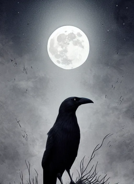 Image similar to portrait, A crow in front of the full big moon, book cover, red white and black colors, establishing shot, extremly high detail, foto realistic, cinematic lighting, pen and ink, intricate line drawings, by Yoshitaka Amano, Ruan Jia, Kentaro Miura, Artgerm, post processed, concept art, artstation, matte painting, style by eddie mendoza, raphael lacoste, alex ross