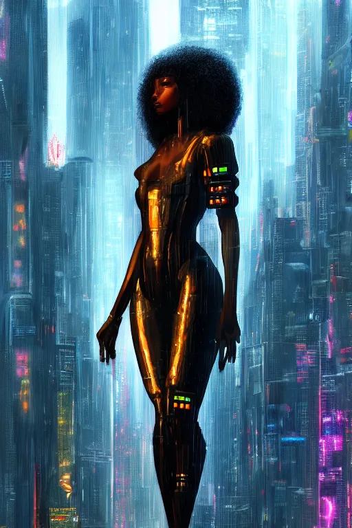 Image similar to a beautiful young Black woman, cyberpunk, Blade Runner city background, highly detailed, 8K, artstation, illustration, art by Gustav Klimt