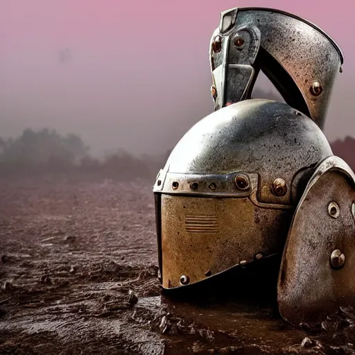 Prompt: Science fantasy armor helmet lying in the mud as medieval battle rages in the background, distant ancient towers, red moon in the sky, misty night battle many knights