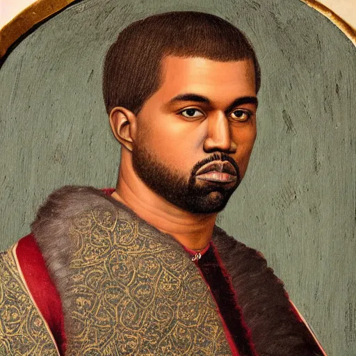 Image similar to a renaissance style portrait painting of kanye west as a king