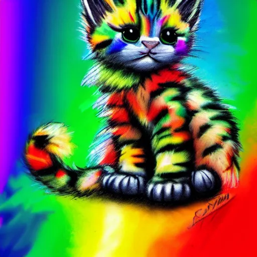 Image similar to wide angle full body, of a fluffy cute rainbow kitten wearing a black leather motorcycle jacket, concept art