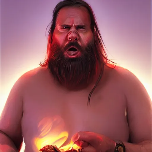 Image similar to portrait of a half fatman half pig eating kebab with long hair tied in a ponytail, light stubble with red shirt ,digital art,photorealistoc,art by greg rutkowski,hyperdetailed,western comic style,comic,comic style,sharp lineart,professional lighting,deviantart,artstation,trevor henderson,rossdtaws,cinematic,dramatic