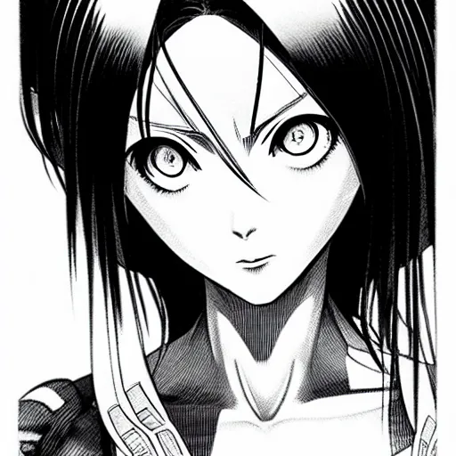 Image similar to alita by yukito kishiro. medium shot. black and white manga. pencil drawing.