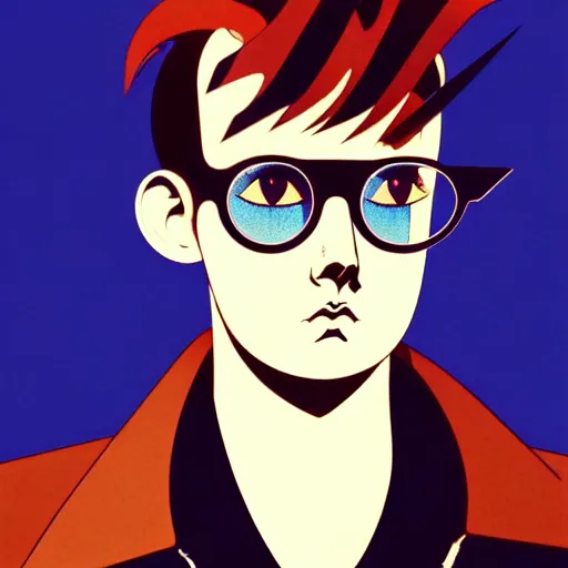 Prompt: a representative chubby young goth boy asymmetrical ombre hair wearing oversized euro glasses and a leather jacket. anaglyph lighting, detailed character design, melancholic flat vector geometric minimalism by oskar schlemmer, moebius, nagel, john berkey, oil on canvas, portrait facial head, featured on artstation, hd wallpaper, anime art nouveau