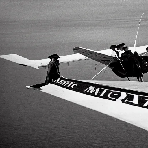 Prompt: Marketing photograph of the first commercial Trans-Atlantic magic carpet flight