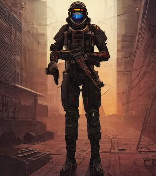 Prompt: a cyberpunk soldier with tactical gear and a rifle patrols a neon city on mars, Industrial Scifi, detailed illustration, character portrait, by Martin Grip and Moebius