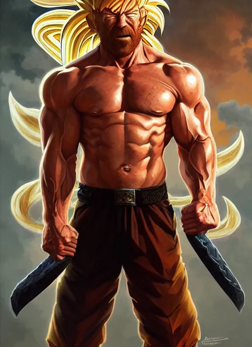 Image similar to portrait of aggressive chuck norris going super saiyan, d & d, muscular! storm! fantasy, intricate, elegant, highly detailed, digital painting, artstation, concept art, smooth, sharp focus, illustration, art by artgerm and greg rutkowski and alphonse mucha