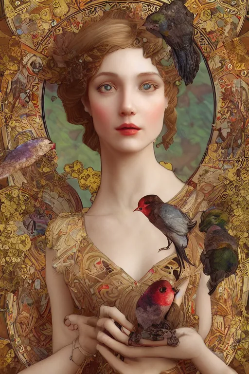 Image similar to zoom in 3 d render of english princess holding birds, ornaments, mucha vibe, dieselpunk, solarpunk, artstation, andrei riabovitchev