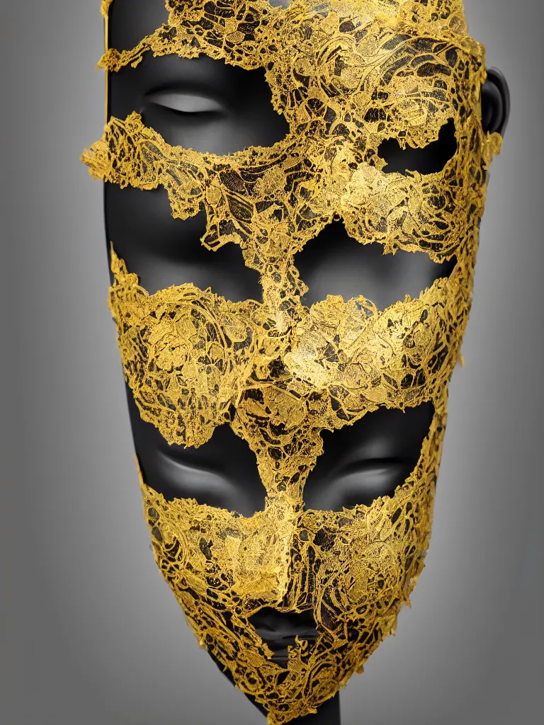 Image similar to a beautifully sculpted mannequin made of onyx with gold lace masquerade face mask, serene desert setting, kintsugi, innovative avant - garde art, photorealistic portrait, crisp quality and light reflections, clean linework, finely detailed, confident, ornamented, opulent, 4 k, rule of thirds, trending on artstation, volumetric lighting, octane render