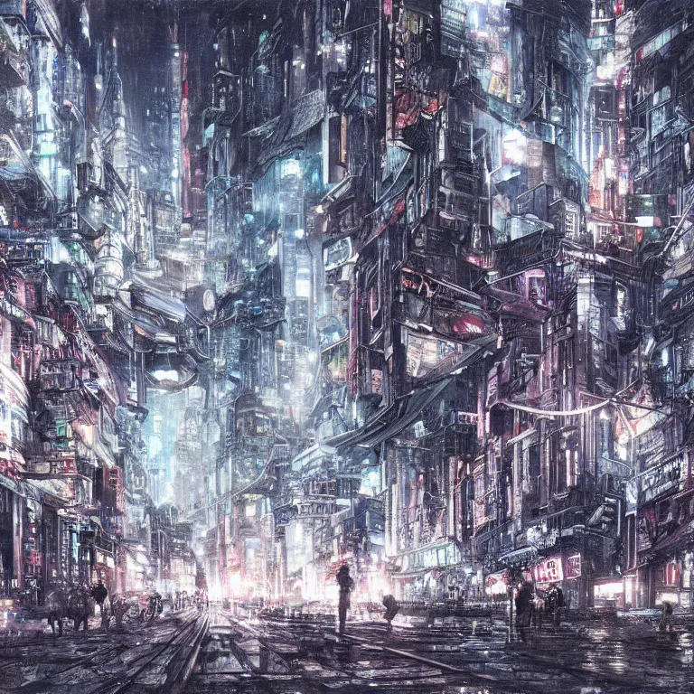 Image similar to cyberpunk depiction of the city of gdansk during arctic conditions by yoshitaka amano