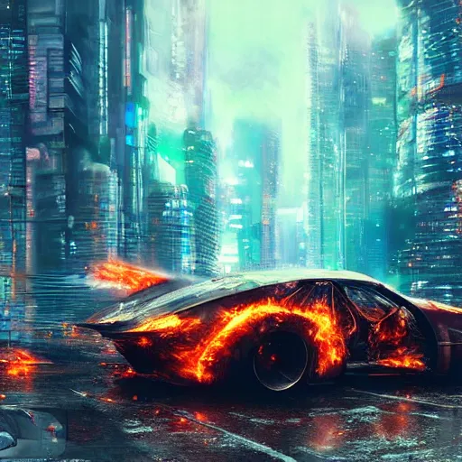 Prompt: cyberpunk car on fire in the middle of the woods stylized artgerm artstation hd cgsociety cgi realistic dramatic cinematic artistic trending detailed