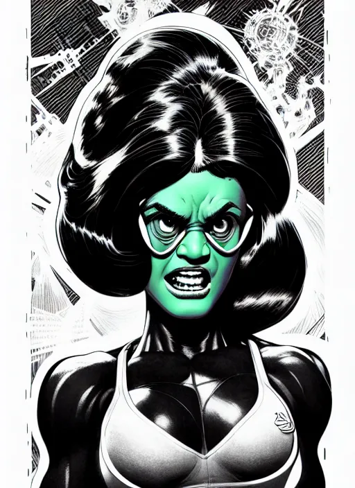 Image similar to cute she - hulk, extremely detailed, bold line art, by vincent di fate and joe fenton and artgerm, inking, etching, screen print, masterpiece, trending on artstation, sharp, high contrast, hyper realistic, hd, 4 k, 8 k