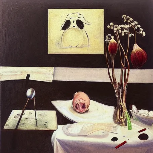 Image similar to “a portrait in an art student’s apartment, pig paintings on the wall, pork, ikebana white flowers, white wax, squashed berries, acrylic and spray paint and oilstick on canvas, by munch and Dali”