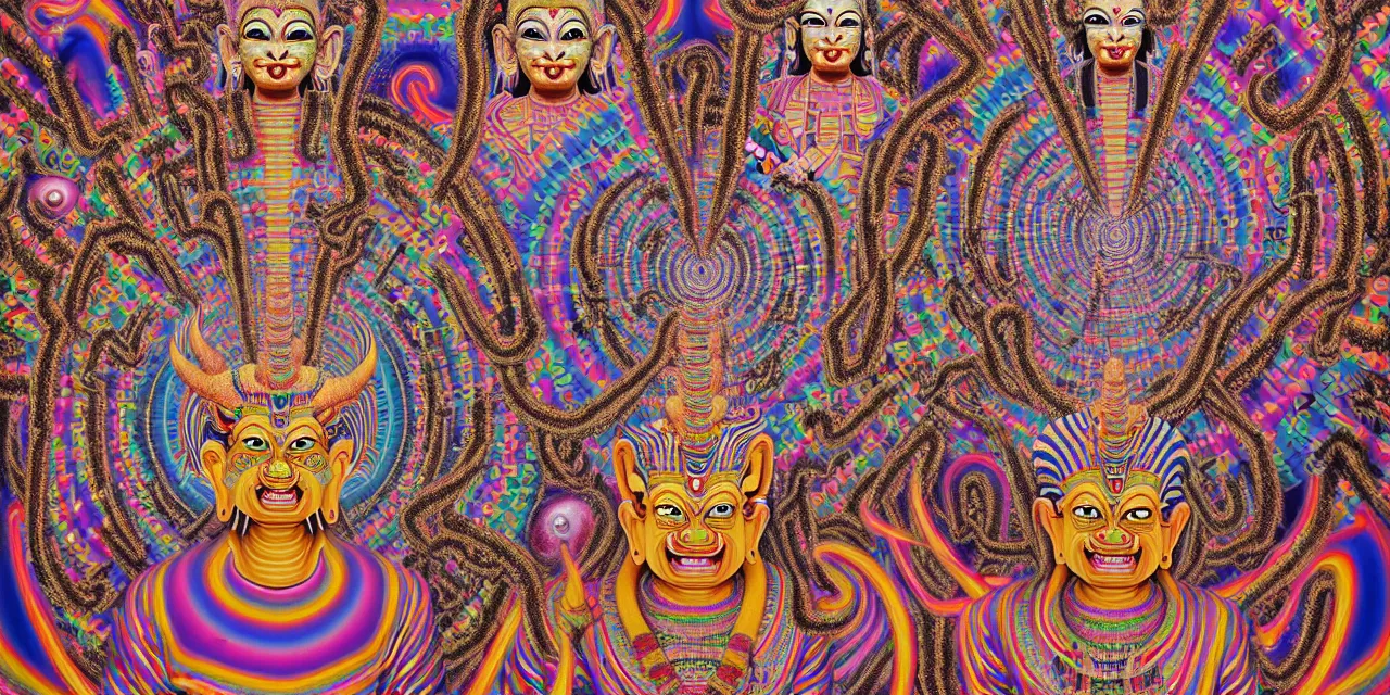 Prompt: realistic detailed image of a friendly figures of psychedelic buddhas, devils, barongs, hindu gods, aztec gods, egyptian gods, angels and demons and entities and shamans, dancing in the 5th dimensional toroidal field outer hyperspace, shipibo , by Alex Grey, by Ayami Kojima, Amano, Karol Bak, Greg Hildebrandt, and Mark Brooks. rich deep colors. Beksinski painting, part by Adrian Ghenie and Gerhard Richter. art by Takato Yamamoto. masterpiece