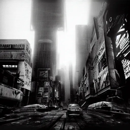 Image similar to go pro camera photo of a cyberpunk dystopian city with sunshaft and dramatic lighting, Fuji Neopan Acros 100 Film