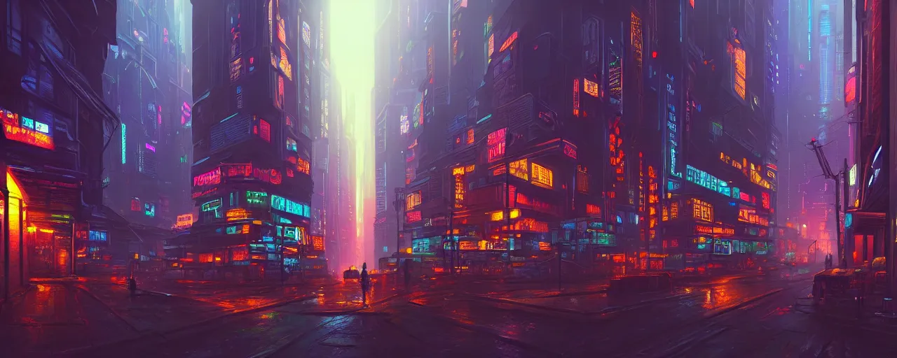 Prompt: A cyberpunk cityscape, by Evgeny Lushpin, dramatic lighting, high contrast colors, panoramic view, as trending on Artstation, highly detailed,