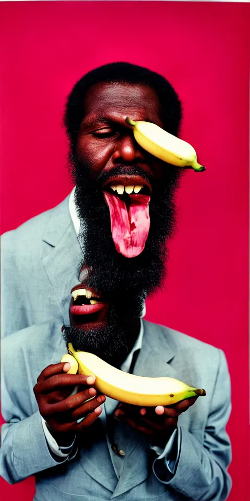 Image similar to award winning photo of thelonious monk EATING banana republic, vivid colors, happy, symmetrical face, beautiful eyes, studio lighting, wide shot art by Sally Mann & Arnold Newman