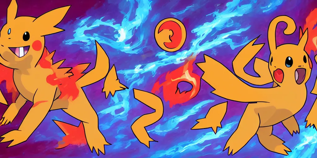 Prompt: A three fases, fire type, initial pokemon for the 10th generation, 4k, digital art