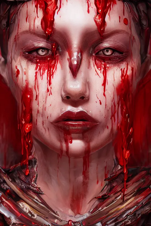 Prompt: Fantasy character portrait of distorted detailed painting of a queen woman made of blood drips, octane render, hyper detailed, red flames, trending on Artstation, 8k resolution, full HD, cinematic lighting, award winning, anatomically correct