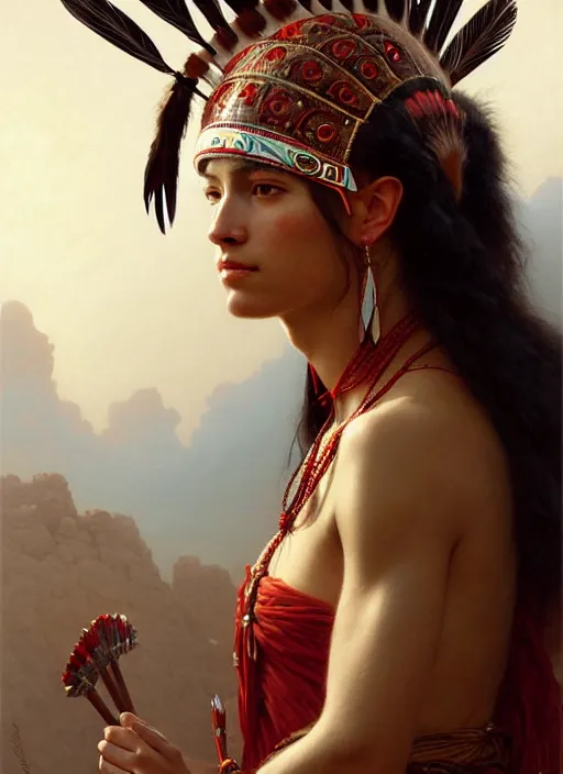 Image similar to gorgeous redskin woman wearing headdress, intricate, elegant, highly detailed, artstation, concept art, smooth, sharp focus, illustration, art by and greg rutkowski and orientalism and bouguereau